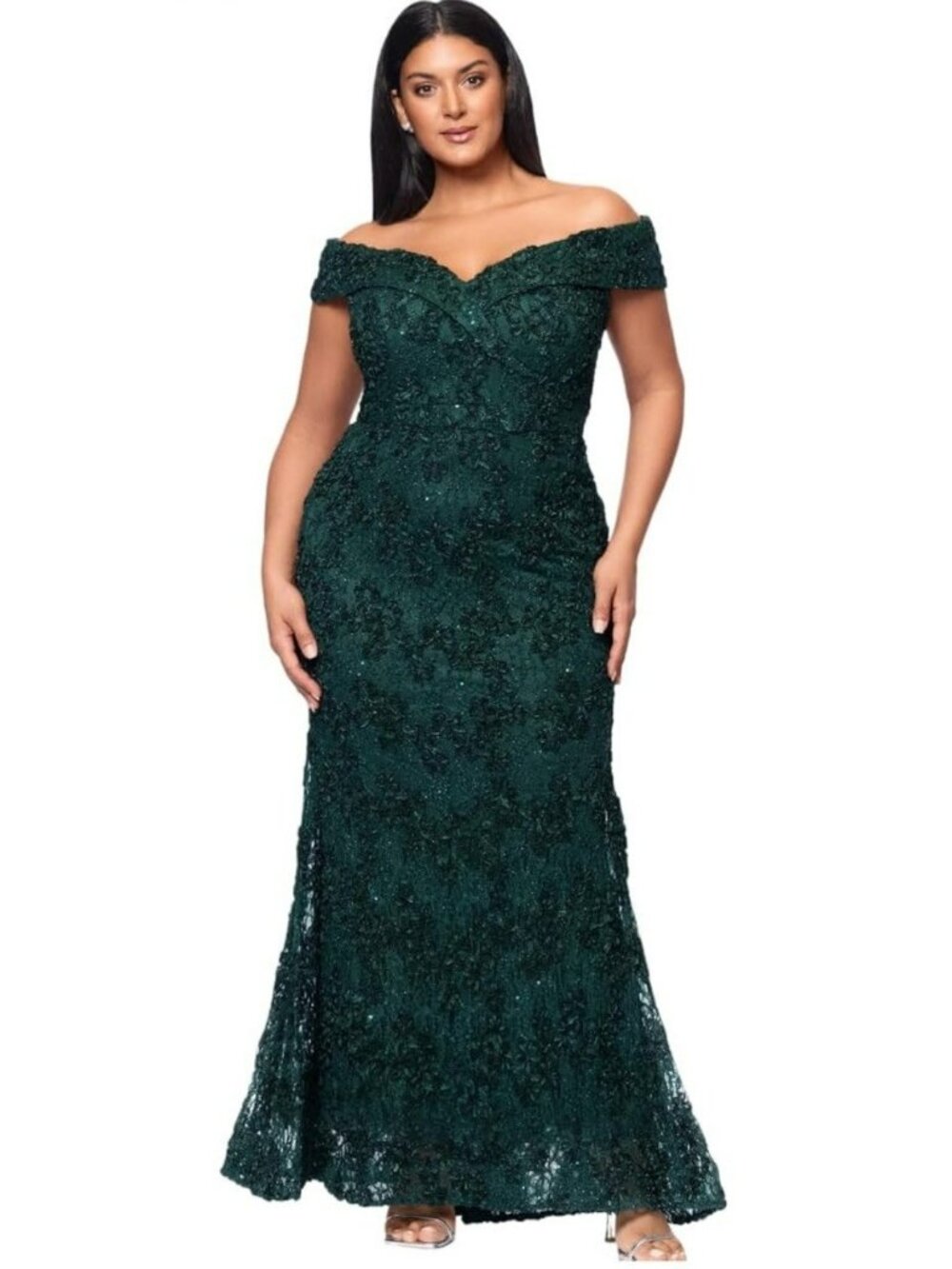 Xscape Emerald Green Formal Gown 14P Off Shoulder Lace Sequin Wedding Mother